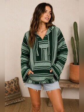 Vintage Baja Hoodie Pullover Green Striped Mexican Blanket Sweater